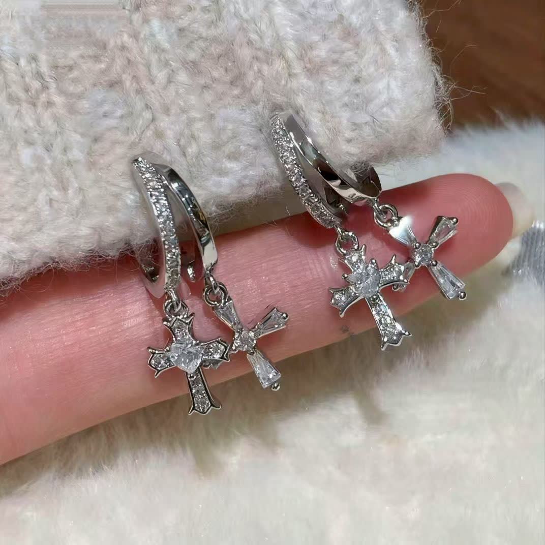 Chrome Hearts Silver Cross Hoop Earrings